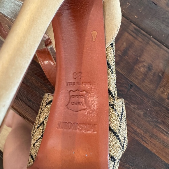 Missoni gold & black satin/knit textile T strap platform stilettos. Size 38. EUC - Picture 7 of 8